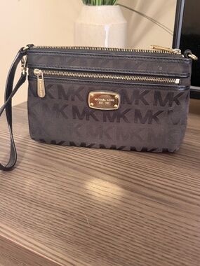 Michael Kors Brown MK Logo Wristlet with Gold Hardware